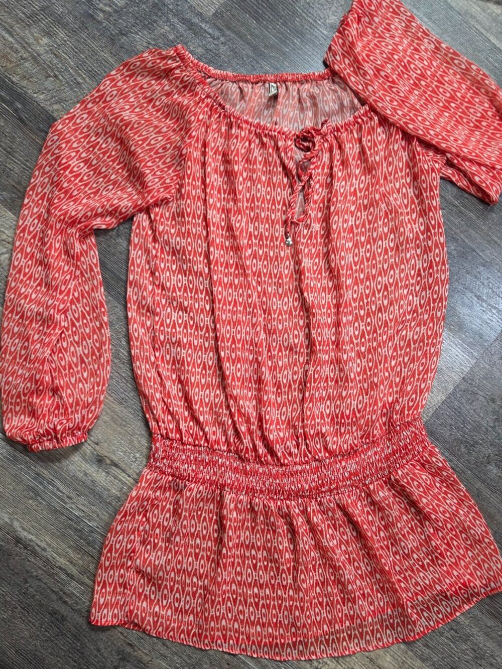 Jones N Y Swim Coverup Dress /Tunic Top Orange & White Print Long Sleeve Sz Med